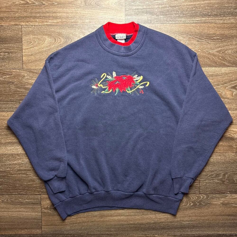 1990s Navy Blue Christmas Crewneck Sweatshirt with Red Poinsettia Graphic
